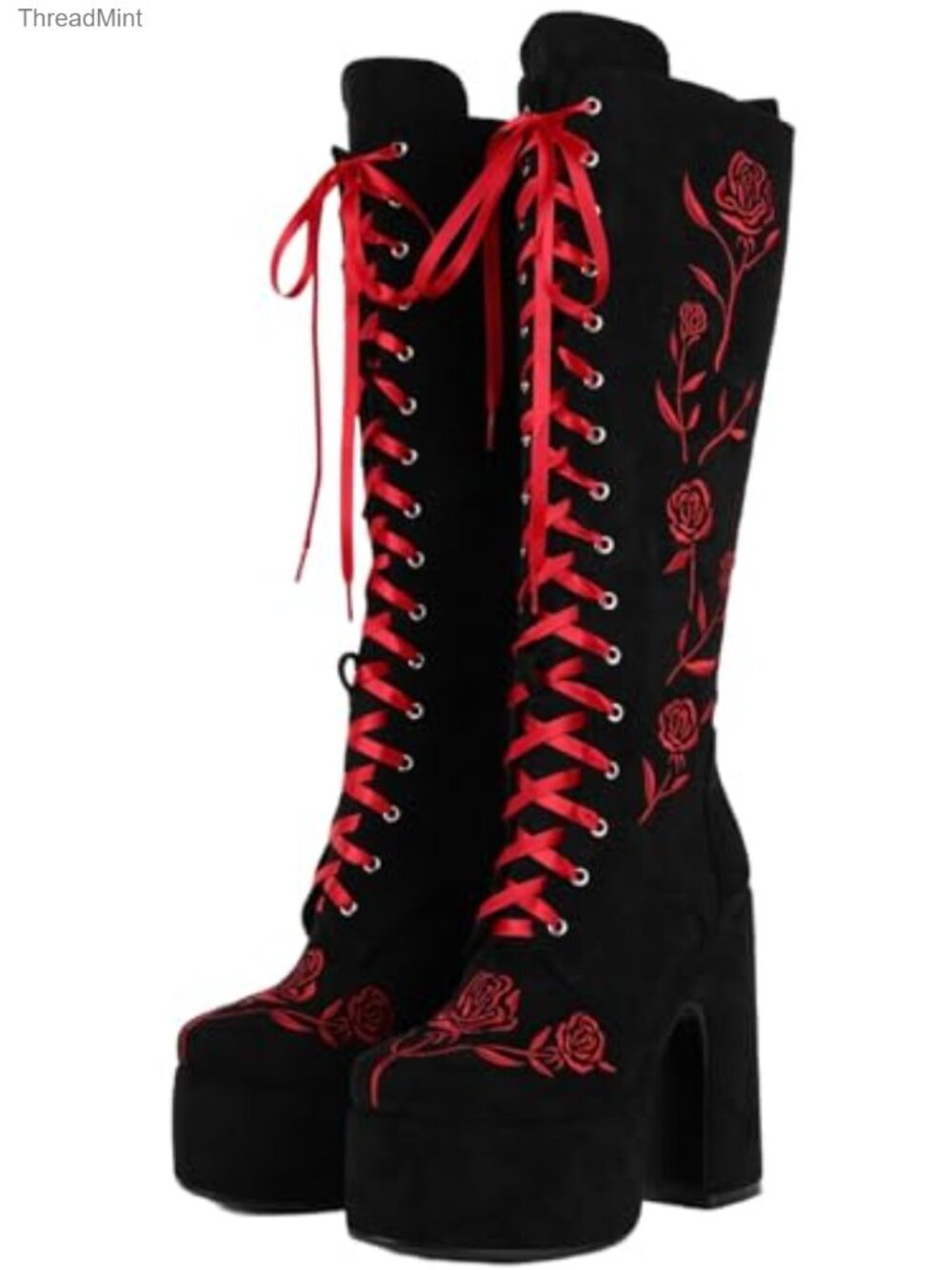 Women's Gothic Rose Embroidered Platform Boots Lace Up Chunky Heel Vintage Faux